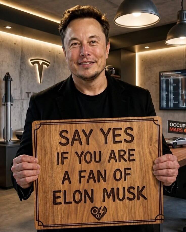 SAY YES IF YOU ARE A FAN OF ELON MUSK. In the background, there is a Tesla logo, a rocket model, and an 'Occupy Mars' flag with a Cybertruck model.