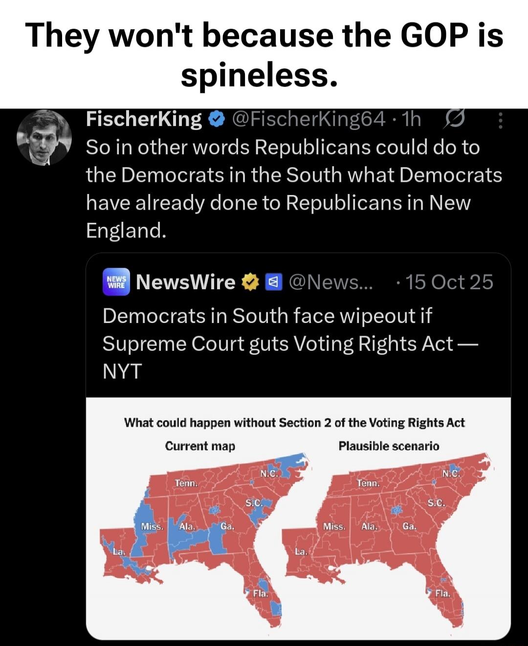 They won't because the GOP is spineless. FischerKing @FischerKing64 So in other words Republicans could do to the Democrats in the South what Democrats have already done to Republicans in New England. NewsWire @NewsWire 15 Oct 25 Democrats in South face wipeout if Supreme Court guts Voting Rights Act — NYT What could happen without Section 2 of the