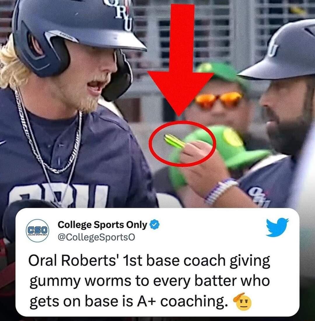 College Sports Only CollegeSportsO Oral Roberts 1st base coach giving gummy worms to every batter who gets on base is A coaching