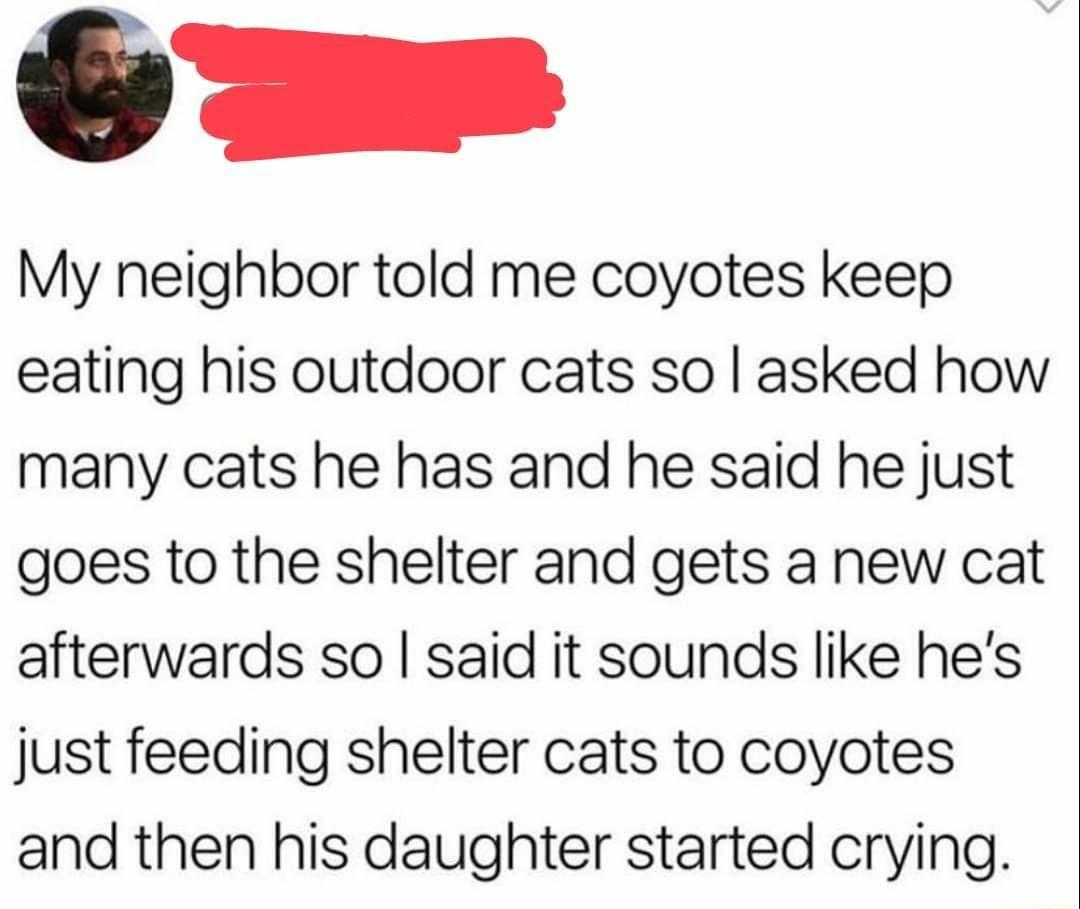 My neighbor told me coyotes keep eating his outdoor cats so asked how many cats he has and he said he just goes to the shelter and gets a new cat afterwards so said it sounds like hes just feeding shelter cats to coyotes and then his daughter started crying