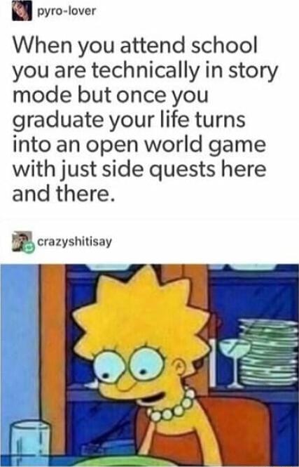 pyro lover When you attend school you are technically in story mode but once you graduate your life turns into an open world game with just side quests here and there crazyshitisay