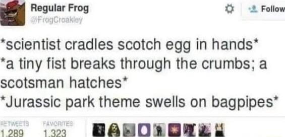 Regular Frog 2 Follow scientist cradles scotch egg in hands a tiny fist breaks through the crumbs a scotsman hatches Jurassic park theme swells on bagpipes on0 112 HBABDIANE N