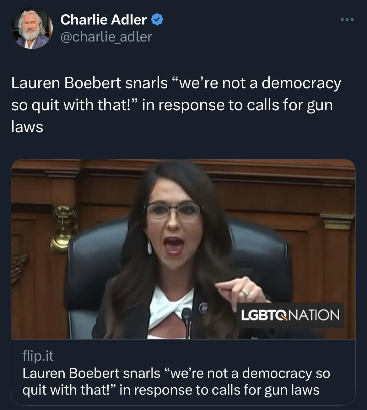 o B EYT Gl BN Clg Lauren Boebert snarls were not a democracy S0 quit with that in response to calls for gun EVH e B w vh LGBTQNATION SI T flipit Lauren Boebert snarls were not a democracy so quit with that in response to calls for gun laws
