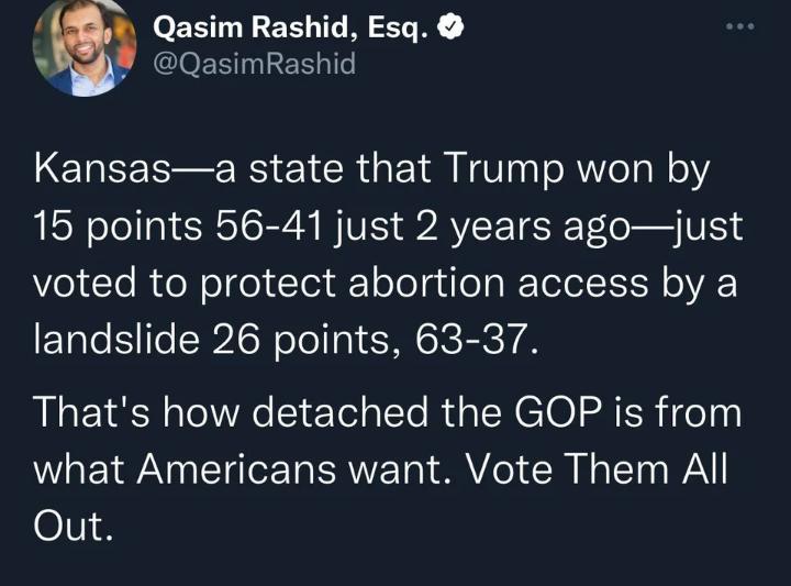 4 Qasim Rashid Esq CleEREE Kansasa state that Trump won by 15 points 56 41 just 2 years agojust el le R eN o 01 To1ak o el gulop R Telol N oV ETale Flile S IR eTel I SRS ECTA Thats how detached the GOP is from what Americans want Vote Them All Out