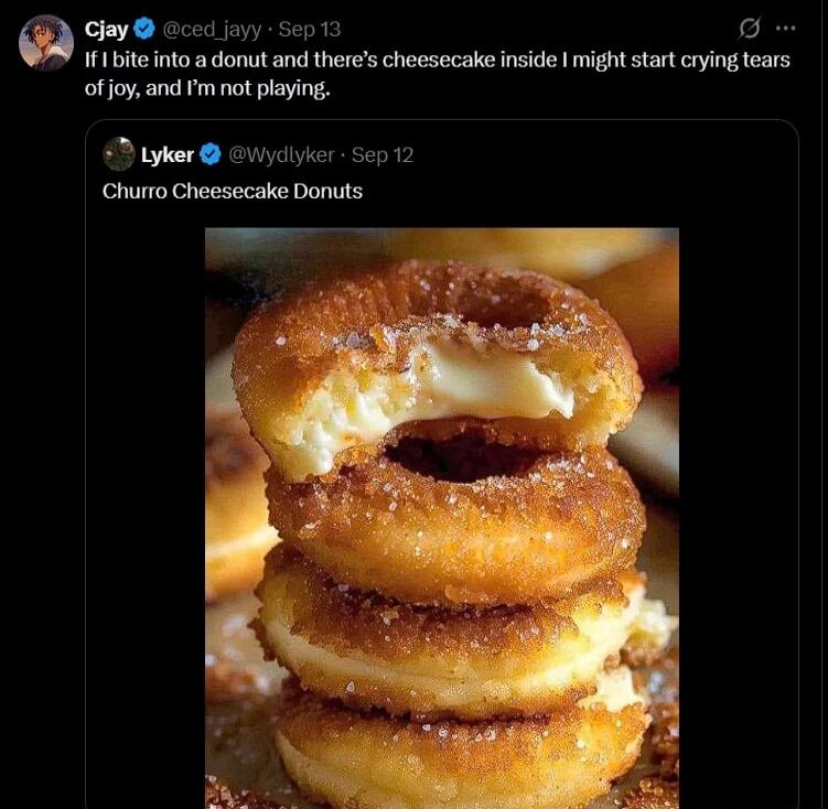 If I bite into a donut and there's cheesecake inside I might start crying tears of joy, and I'm not playing. Churro Cheesecake Donuts.