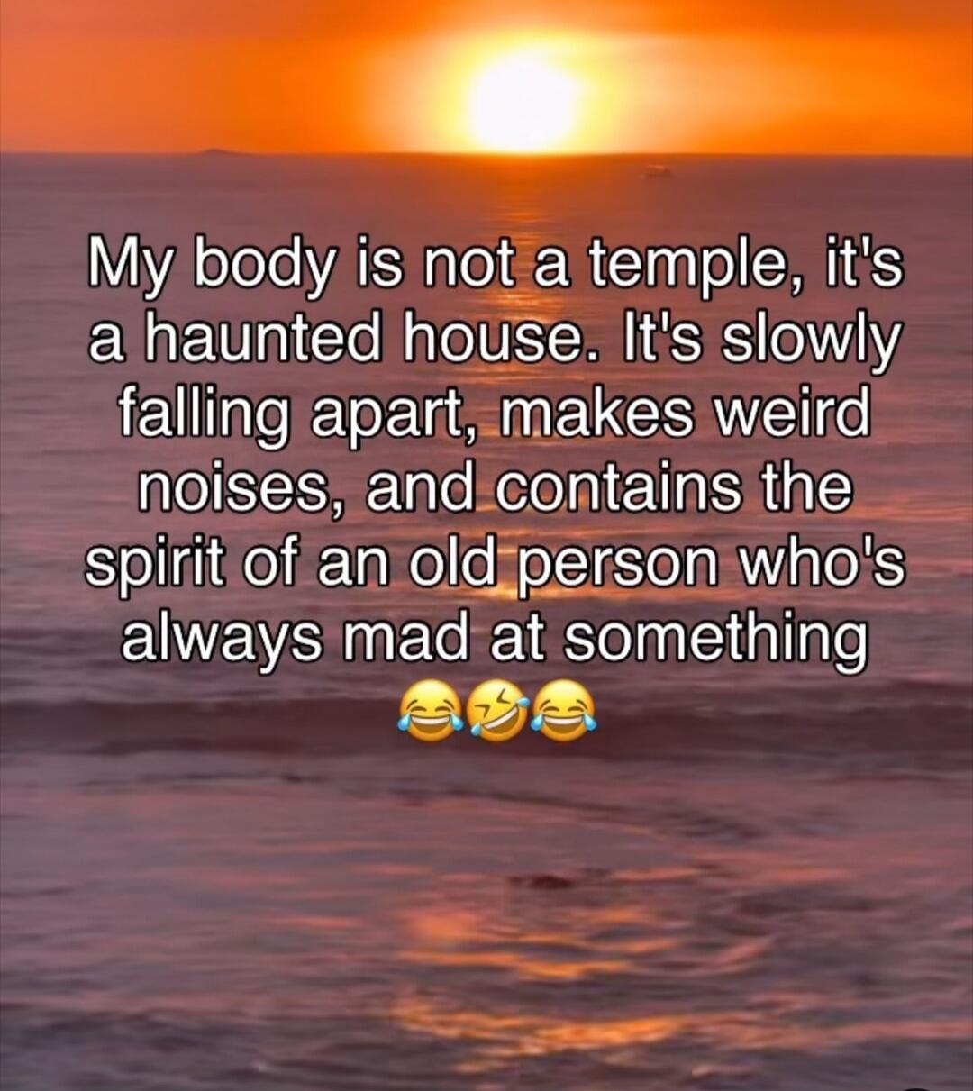My body is not a temple, it's a haunted house. It's slowly falling apart, makes weird noises, and contains the spirit of an old person who's always mad at something 😂😂😂