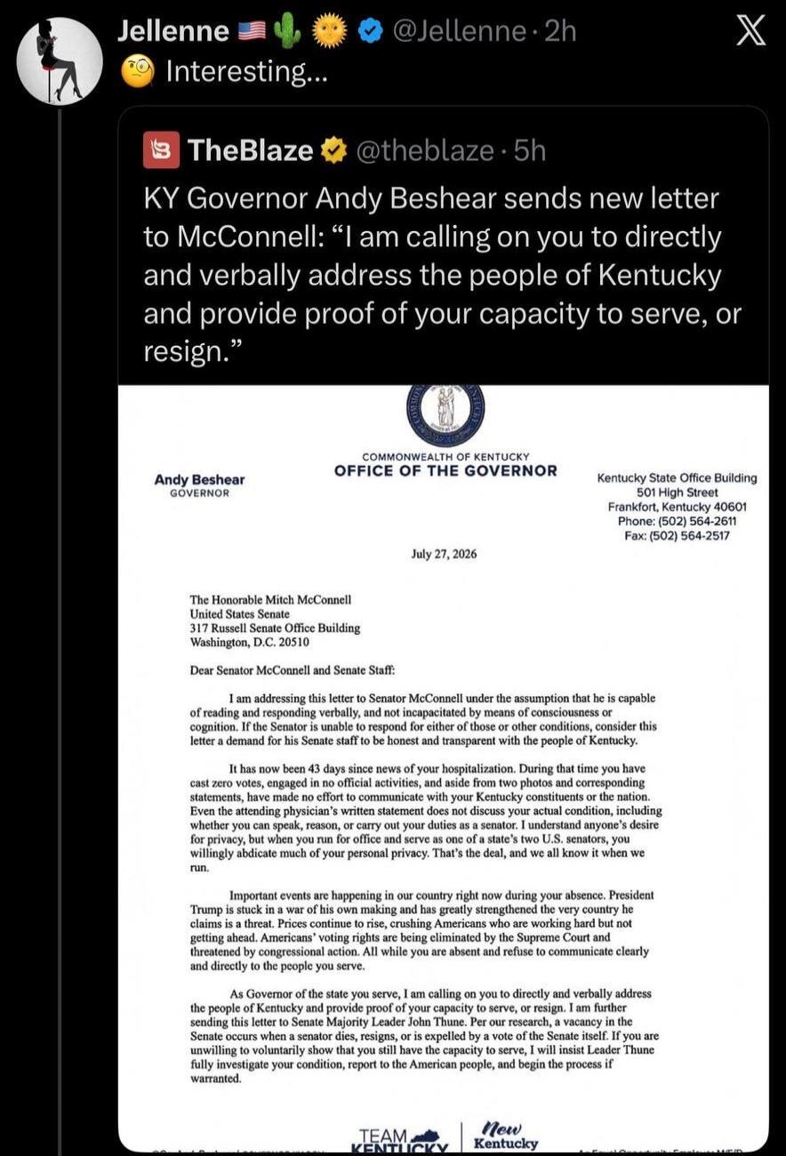 Interesting... KY Governor Andy Beshear sends new letter to McConnell: 