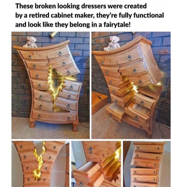 These broken looking dressers were created by a retired cabinet maker theyre fully functional and look like they belong in a fairytale
