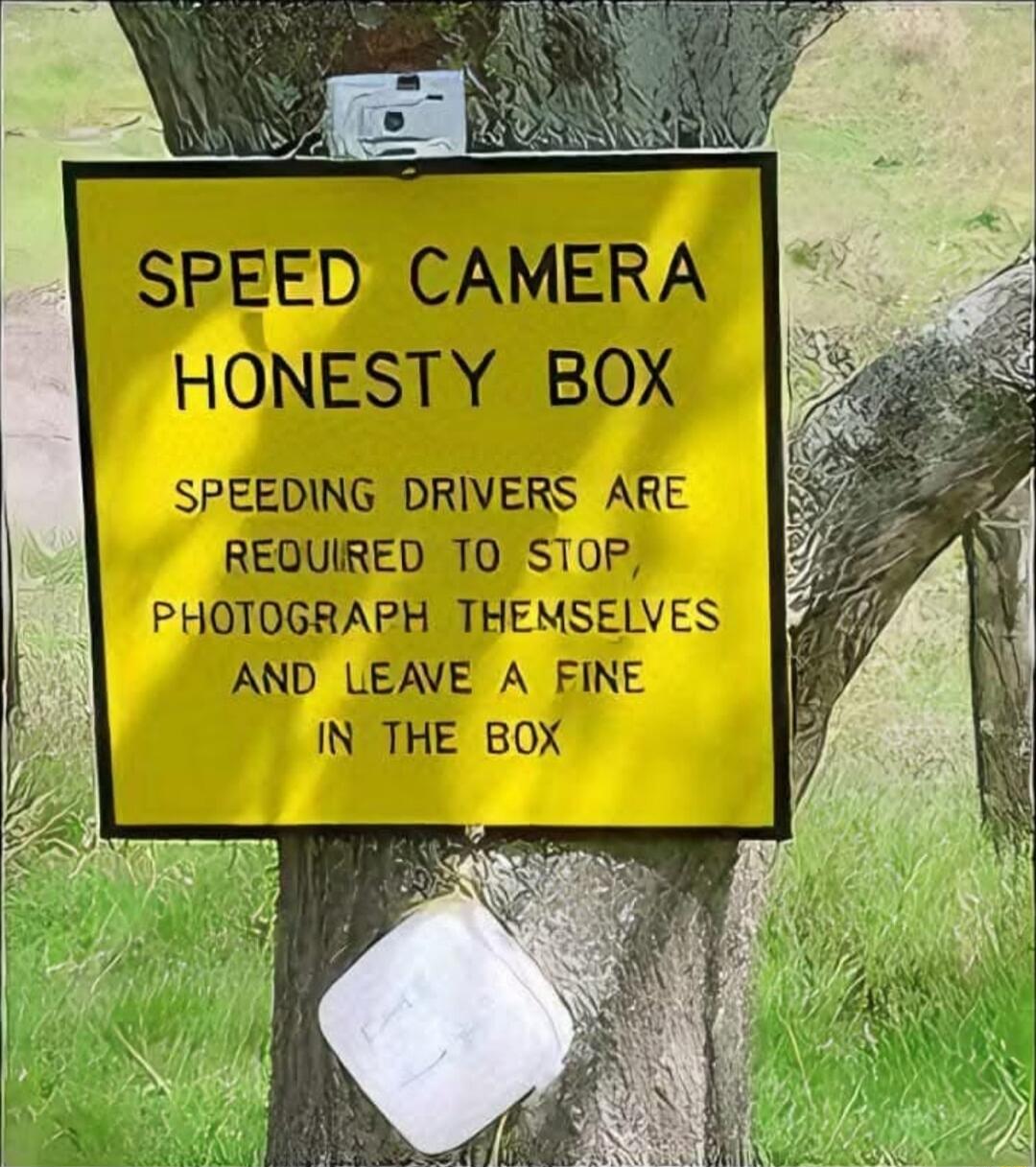 SPEED CAMERA HONESTY BOX SPEEDING DRIVERS ARE REQUIRED TO STOP PHOTOGRARH THEMSELVES AND LEAVE A FINE IN THE BOX