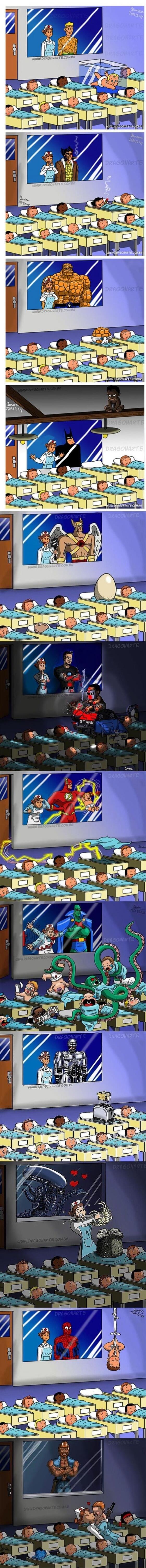 A multi-panel comic strip depicting a hospital nursery where a nurse introduces various famous characters as parents, and their 'babies' in the cribs display humorous inherited traits. Characters include Aquaman (baby in a fish tank), Wolverine (baby with claws and cigar), The Thing (rocky baby), Batman (monkey baby), Hawkman (egg baby), Iron Man (