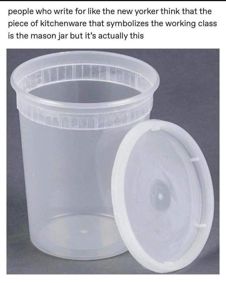 people who write for like the new yorker think that the piece of kitchenware that symbolizes the working class is the mason jar but its actually this