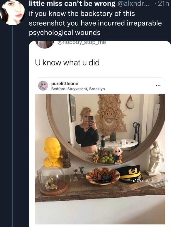 ittle miss cant be wrong alxndr 21h i IR IR GEINRGEREE AR GIN screenshot you have incurred irreparable psychological wounds U know what u did purelitticone 5 yvesant Brookiyn