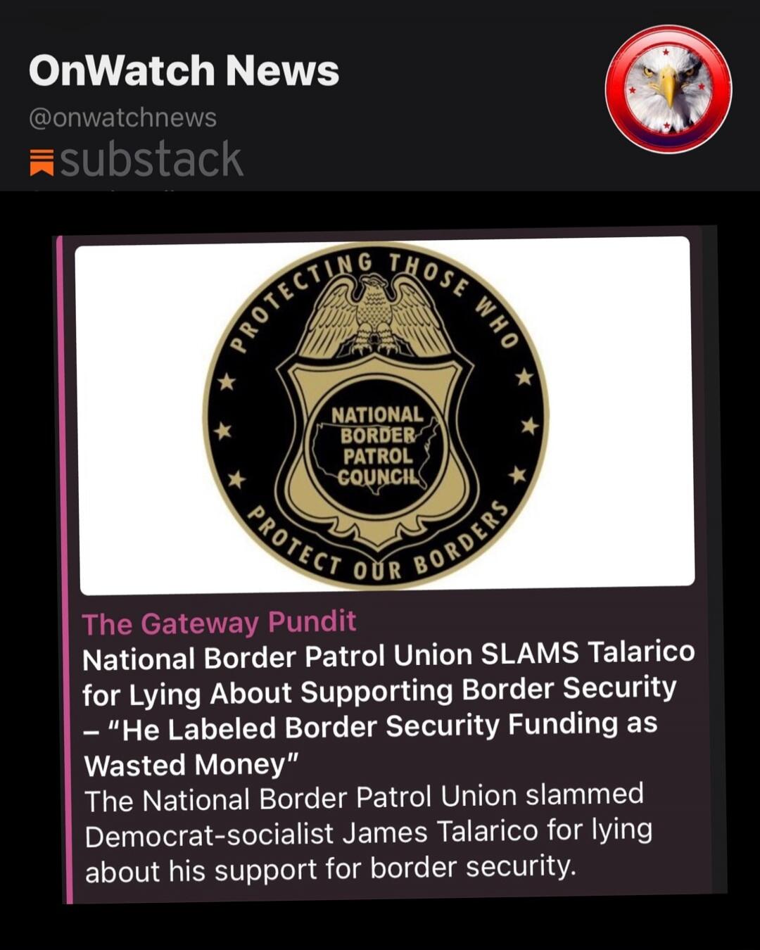 OnWatch News @onwatchnews substack The Gateway Pundit National Border Patrol Union SLAMS Talarico for Lying About Supporting Border Security – 