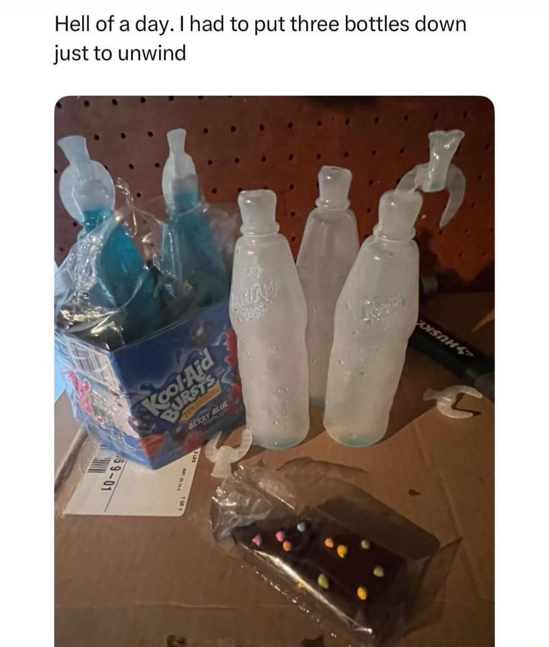 Hell of a day. I had to put three bottles down just to unwind. Kool-Aid BURSTS BERRY BLUE.