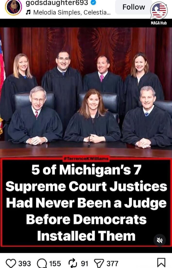 godsdaughter693 Follow Melodia Simples, Celestia... MAGA Hub 5 of Michigan's 7 Supreme Court Justices Had Never Been a Judge Before Democrats Installed Them