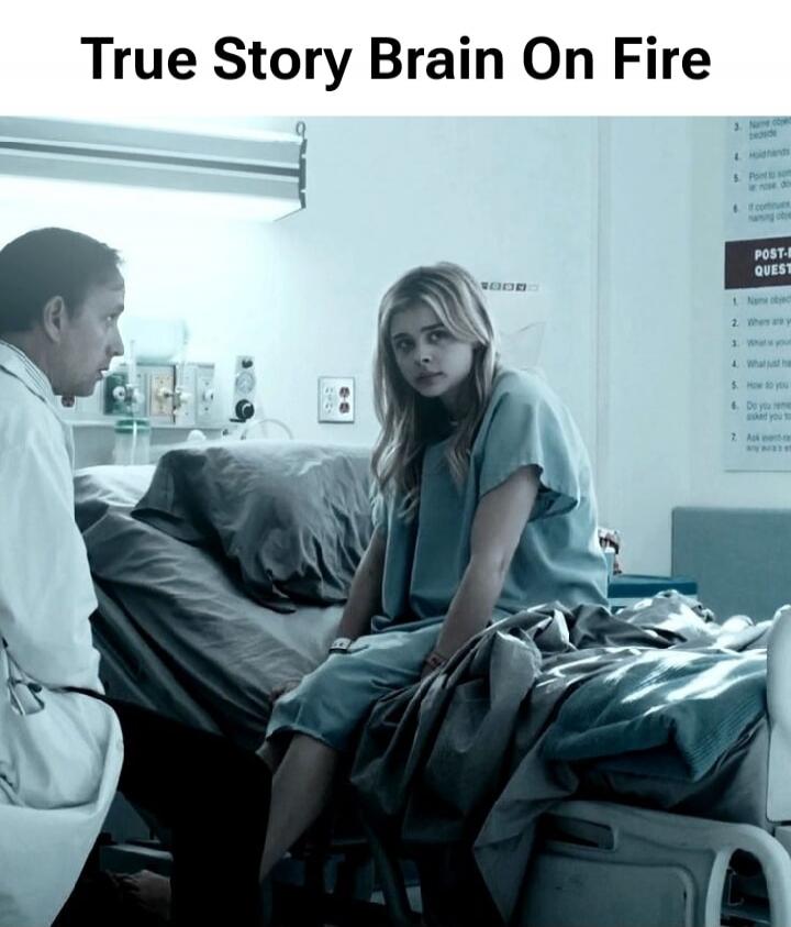 True Story Brain On Fire. A young woman in a hospital gown sits on a bed, looking distressed, while a man in a doctor's coat sits beside her in a hospital room.