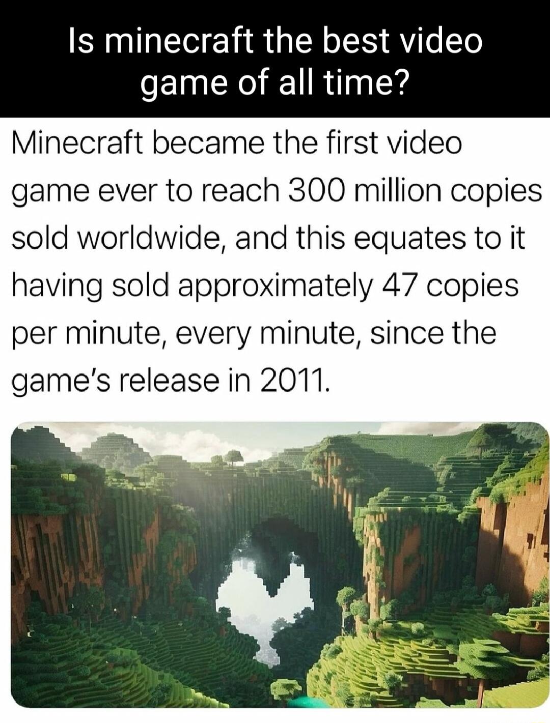 Is minecraft the best video game of all time Minecraft became the first video game ever to reach 300 million copies sold worldwide and this equates to it having sold approximately 47 copies per minute every minute since the games release in 2011