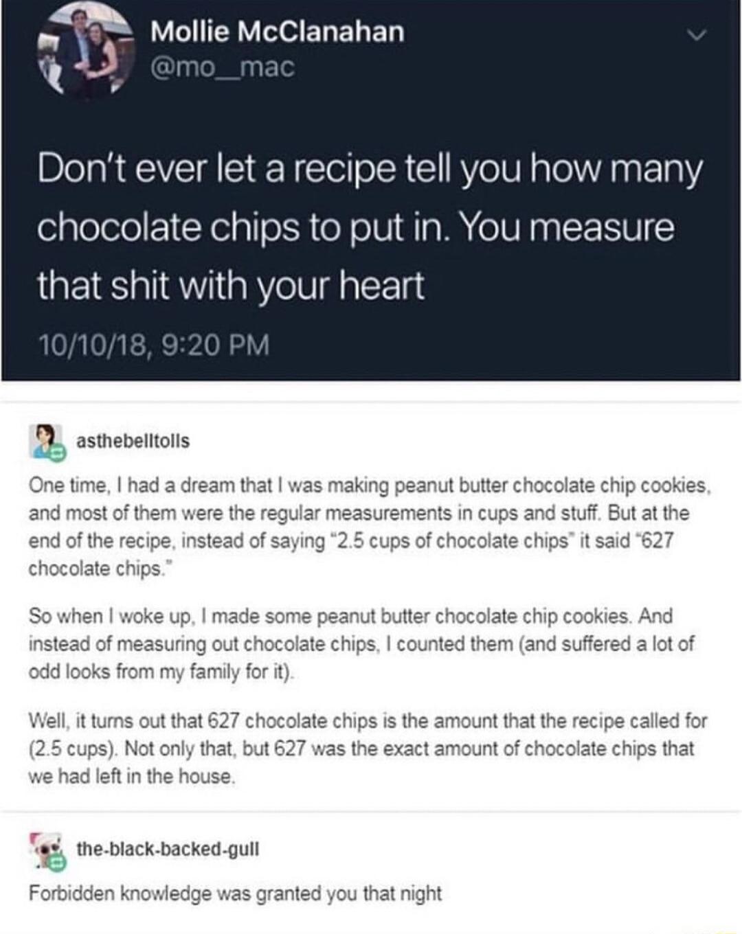 Mollie McClanahan A Dont ever let a recipe tell you how m chocolate chips to put in You measu that shit with your heart A asthevelrolls heblack backed gull