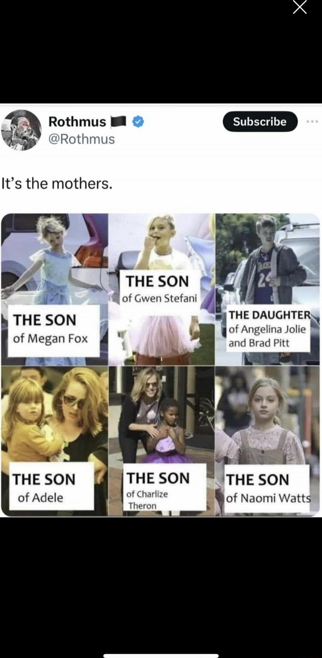 It's the mothers.\nTHE SON of Megan Fox\nTHE SON of Gwen Stefani\nTHE DAUGHTER of Angelina Jolie and Brad Pitt\nTHE SON of Adele\nTHE SON of Charlize Theron\nTHE SON of Naomi Watts