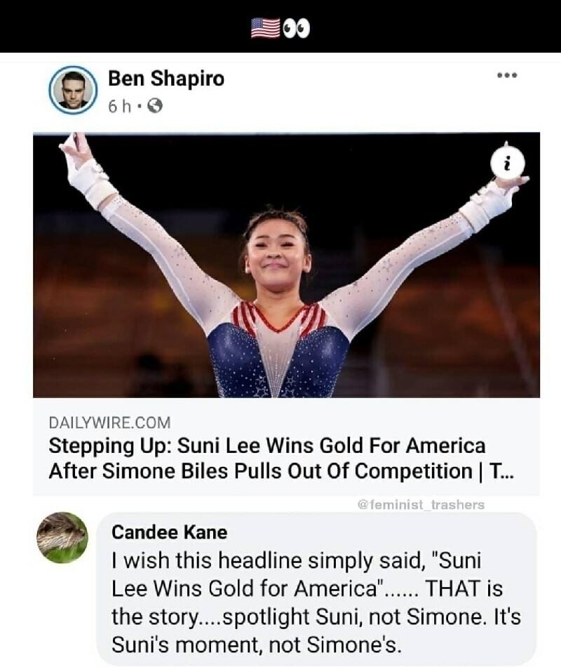 DAILYWIRECON Stepping Up Suni Lee Wins Gold For America After Simone Biles Pulls Out Of Competition T z Candee Kane wish this headline simply said Suni Lee Wins Gold for America THAT is the storyspotlight Suni not Simone Its Sunis moment not Simones 6h Like Reply 2 8k i