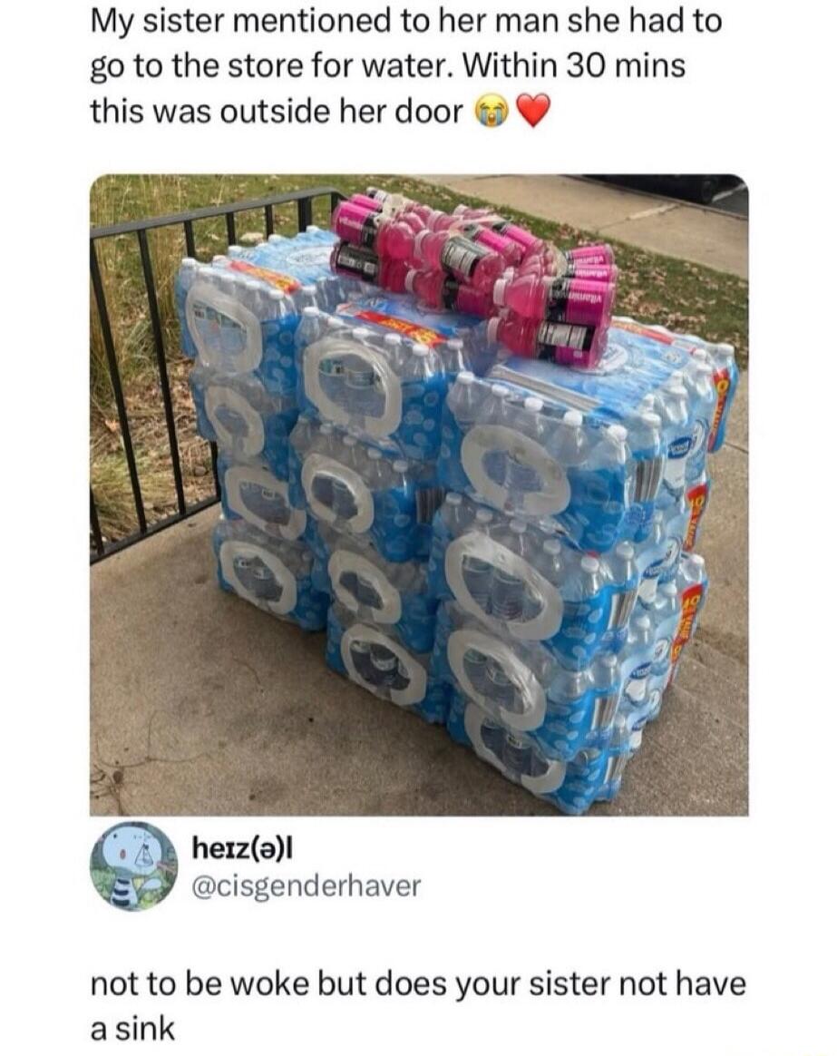 My sister mentioned to her man she had to go to the store for water. Within 30 mins this was outside her door 🥺❤️. herz(ə)l @cisgenderhaver. not to be woke but does your sister not have a sink