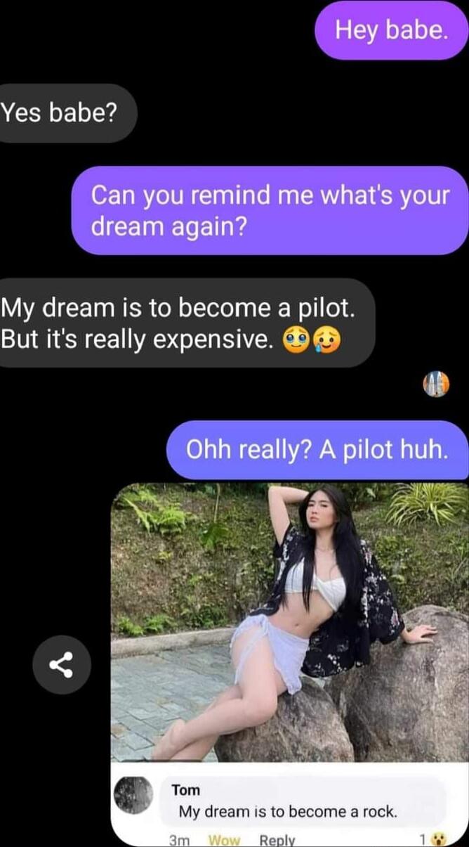 Yes babe My dream is to become a pilot But its really expensive My dream is to become a rock Reply