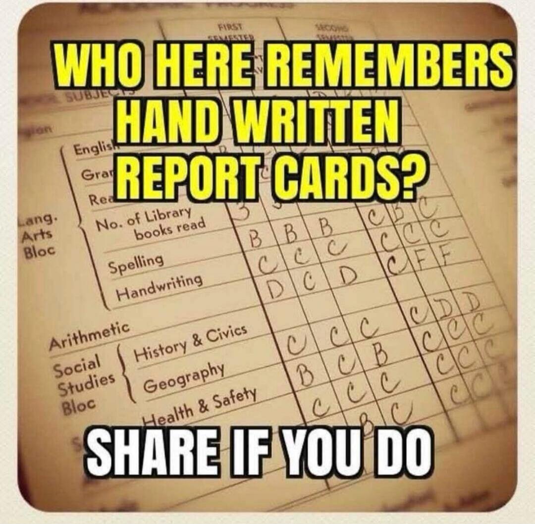 WHO HERE REMEMBERS HAND WRITTEN REPORT CARDS? SHARE IF YOU DO. Subjects listed include English (Grammar, Reading, No. of Library books read, Spelling, Handwriting), Arithmetic, Social Studies Bloc (History & Civics, Geography, Health & Safety). Grades shown are B, C, D, F.