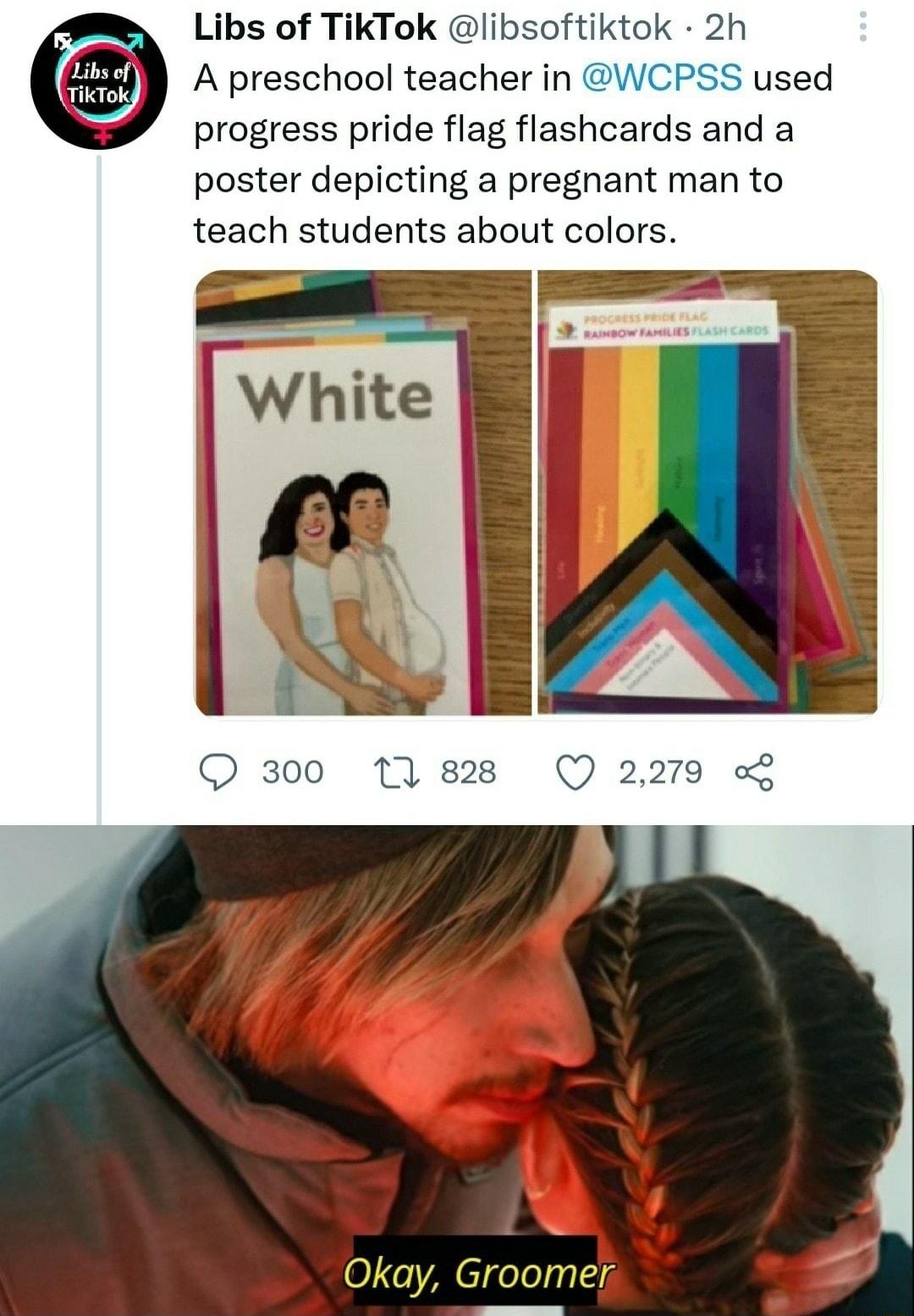 Libs of TikTok libsoftiktol A preschool teacher in VCPSS progress pride flag flashcards and a poster depicting a pregnant man to teach students about colors Okay Groomer