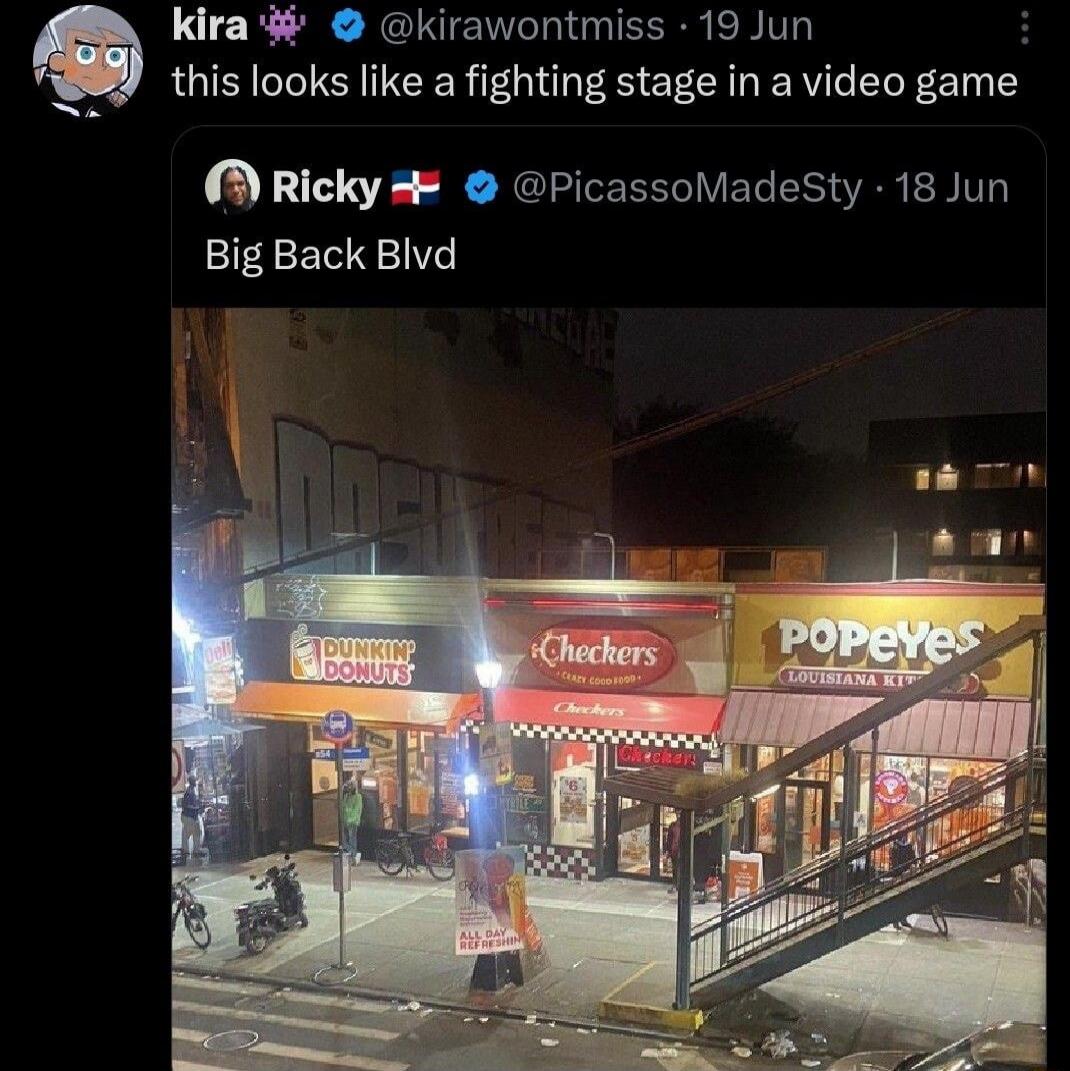 this looks like a fighting stage in a video game Big Back Blvd DUNKIN' DONUTS Checkers POPEYES LOUISIANA KITCHEN ALL DAY REFRESHIN'