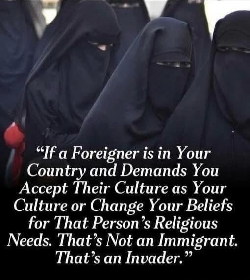 If a Foreigner is in Your Country and Demands You Accept Their Culture as Your Culture or Change Your Beliefs for That Person's Religious Needs. That's Not an Immigrant. That's an Invader.