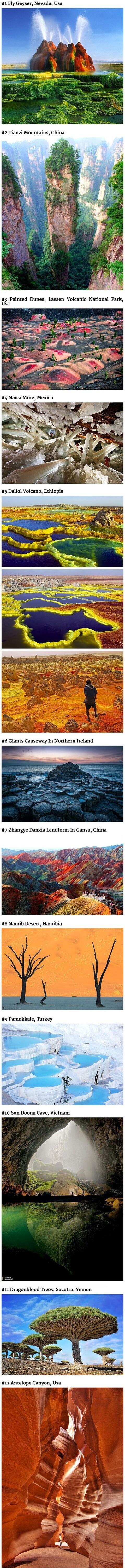 1 Fly Geyser Nevada Usa 2 Tianzi Mountains China 6 Giants Causeway In Nothern Ireland 8 Namib Desert Namibia 10 Son Doong Cave Vietnam 11 Dragonblood Trees Socotra Yemen