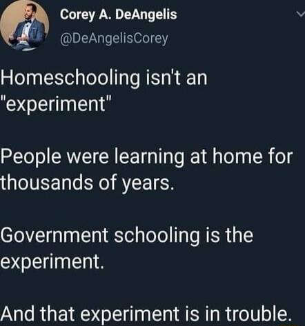 Corey A DeAngelis k DeAngelisCorey Homeschooling isnt an OIS People were learning at home for TIVEE Tl YOI RTEETEN Government schooling is the O And that experiment is in trouble