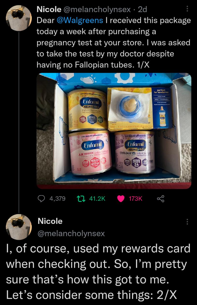 Nicole melancholynsex 2d 9 DLET RGN Bl T ETIVEY RGN T T today a week after purchasing a pregnancy test at your store was asked to take the test by my doctor despite having no Fallopian tubes 1X Q 4379 1 412k 173K o Nicole LI ENTL I I of course used my rewards card when checking out So Im pretty sure thats how this got to me Lets consider some things 2X
