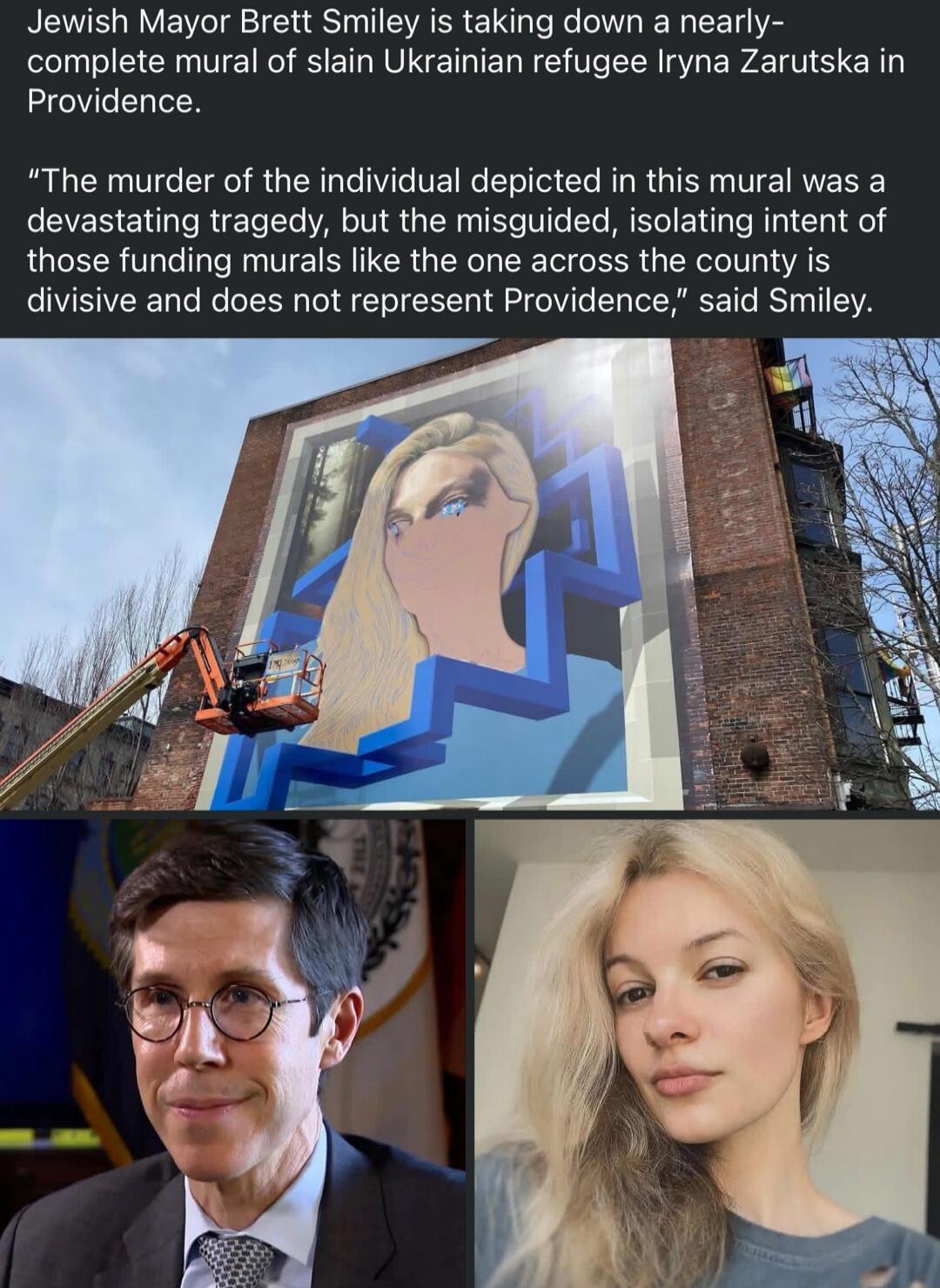 Jewish Mayor Brett Smiley is taking down a nearly-complete mural of slain Ukrainian refugee Iryna Zarutska in Providence. 