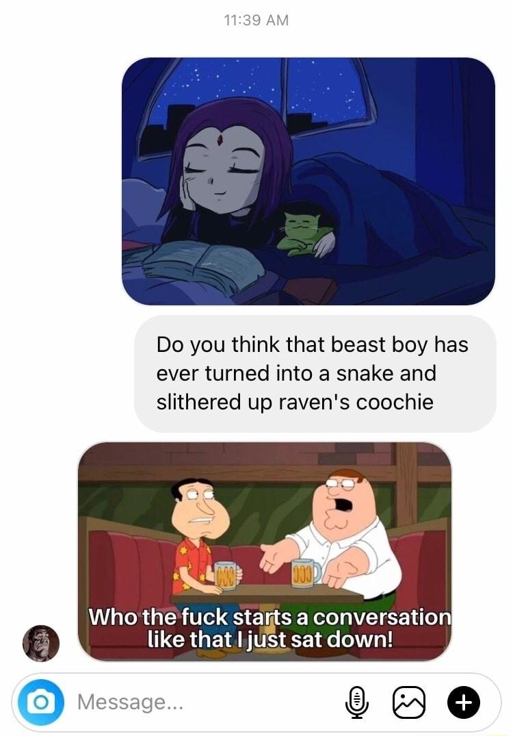 1139 AM Do you think that beast boy has ever turned into a snake and slithered up ravens coochie Who thefuck stants a conversation like that just sat down Message