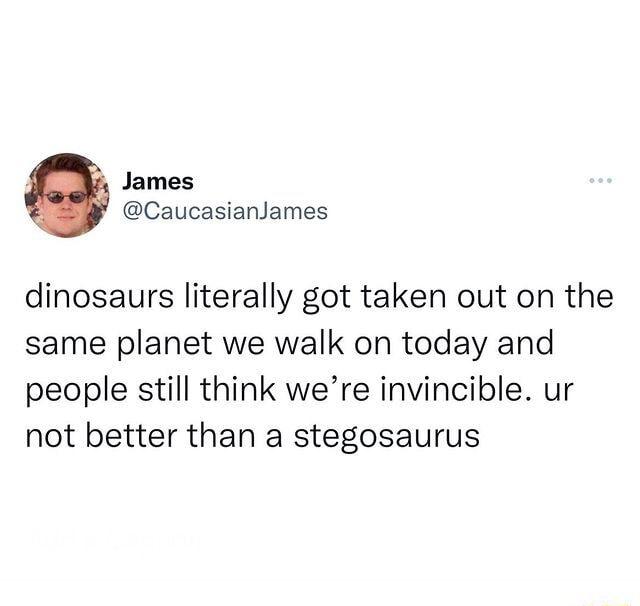 James CaucasianJames dinosaurs literally got taken out on the same planet we walk on today and people still think were invincible ur not better than a stegosaurus