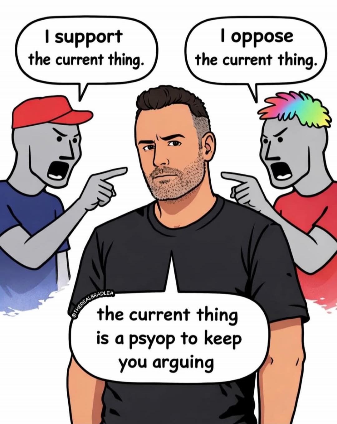 I support the current thing.
I oppose the current thing.
the current thing is a psyop to keep you arguing