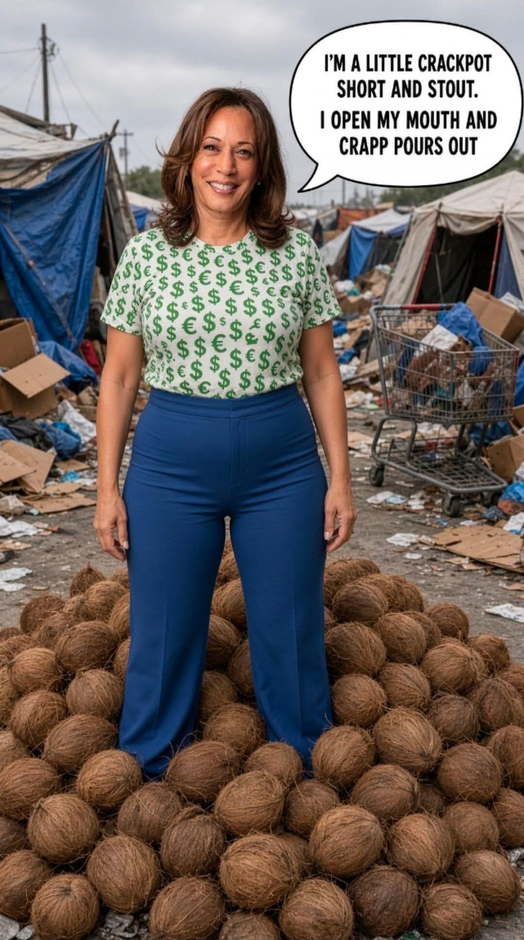 I'M A LITTLE CRACKPOT SHORT AND STOUT. I OPEN MY MOUTH AND CRAPP POURS OUT. Kamala Harris stands on a pile of coconuts in front of a makeshift camp, wearing a shirt with dollar and euro signs.