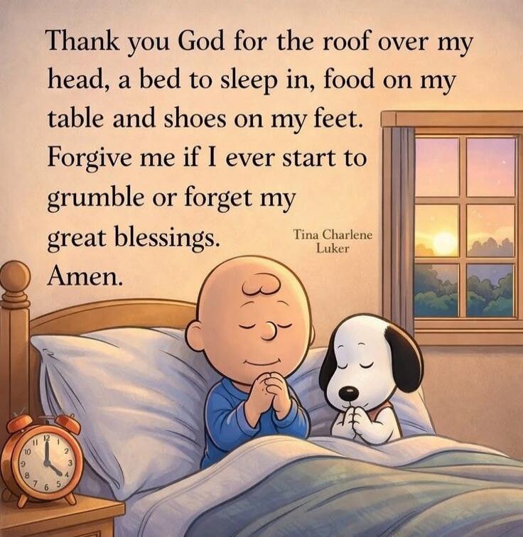 Thank you God for the roof over my head, a bed to sleep in, food on my table and shoes on my feet. Forgive me if I ever start to grumble or forget my great blessings. Amen.
