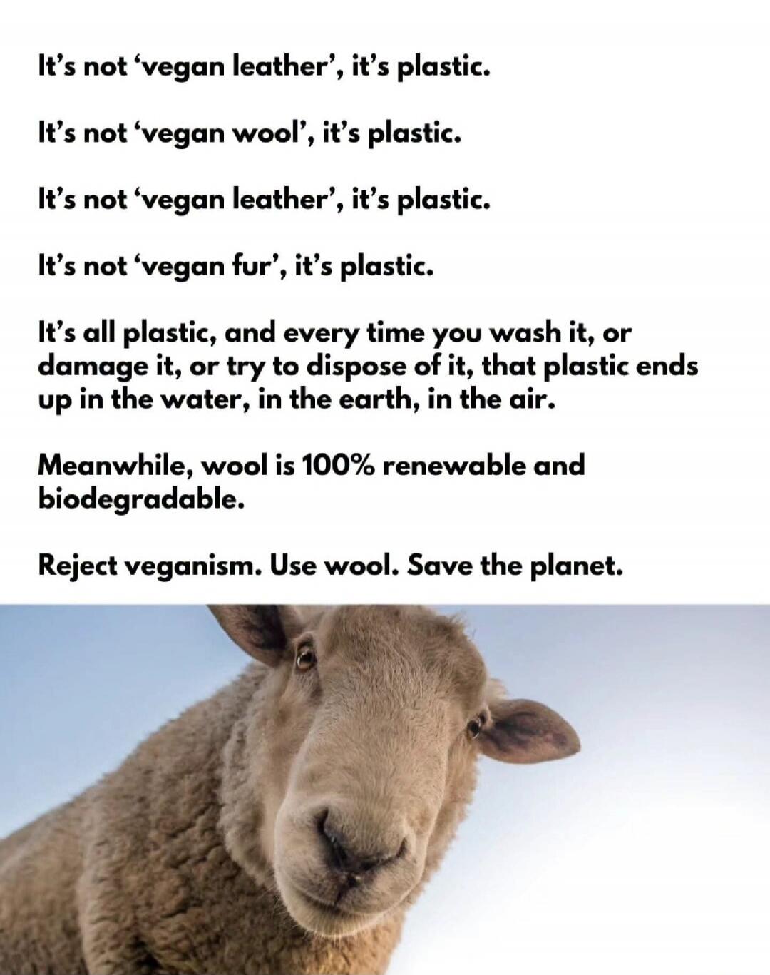 It's not 'vegan leather', it's plastic. It's not 'vegan wool', it's plastic. It's not 'vegan leather', it's plastic. It's not 'vegan fur', it's plastic. It's all plastic, and every time you wash it, or damage it, or try to dispose of it, that plastic ends up in the water, in the earth, in the air. Meanwhile, wool is 100% renewable and biodegradable