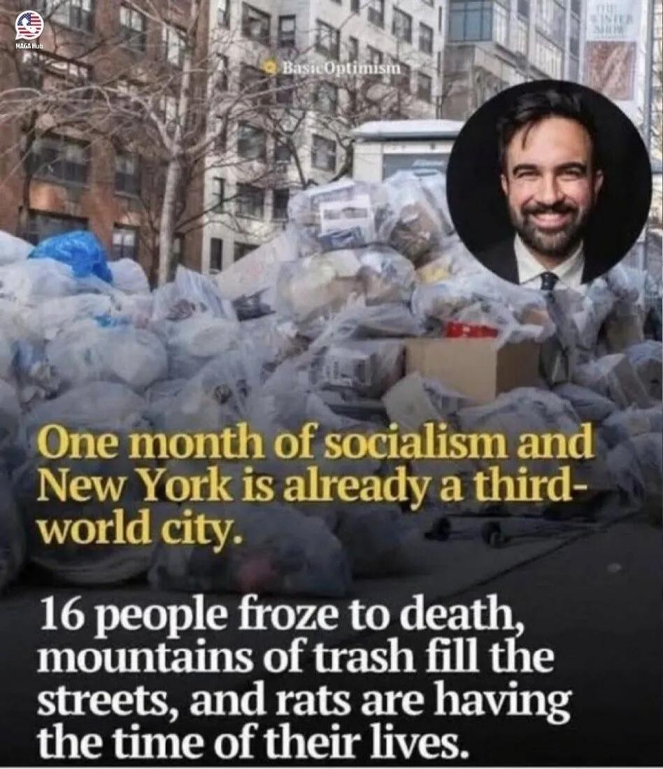 NAGA Hub BasicOptimism One month of socialism and New York is already a third-world city. 16 people froze to death, mountains of trash fill the streets, and rats are having the time of their lives.