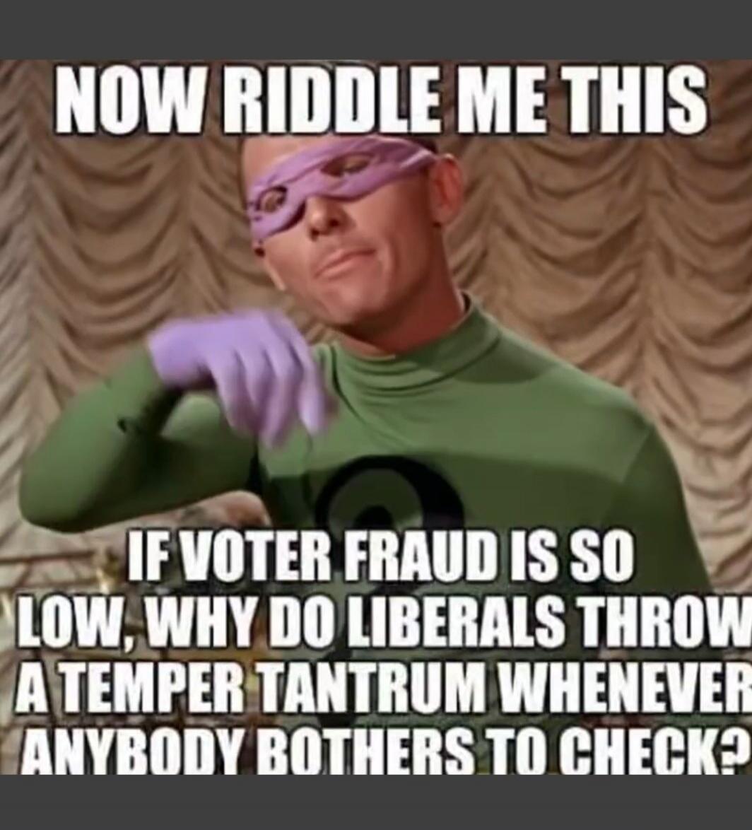 NOW RIDDLE ME THIS IF VOTER FRAUD IS SO LOW, WHY DO LIBERALS THROW A TEMPER TANTRUM WHENEVER ANYBODY BOTHERS TO CHECK?