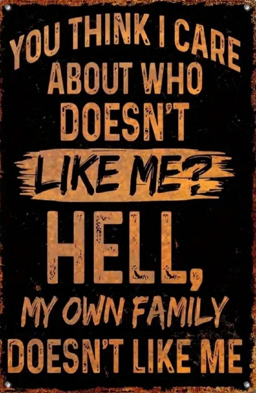 YOU THINK I CARE ABOUT WHO DOESN'T LIKE ME? HELL, MY OWN FAMILY DOESN'T LIKE ME