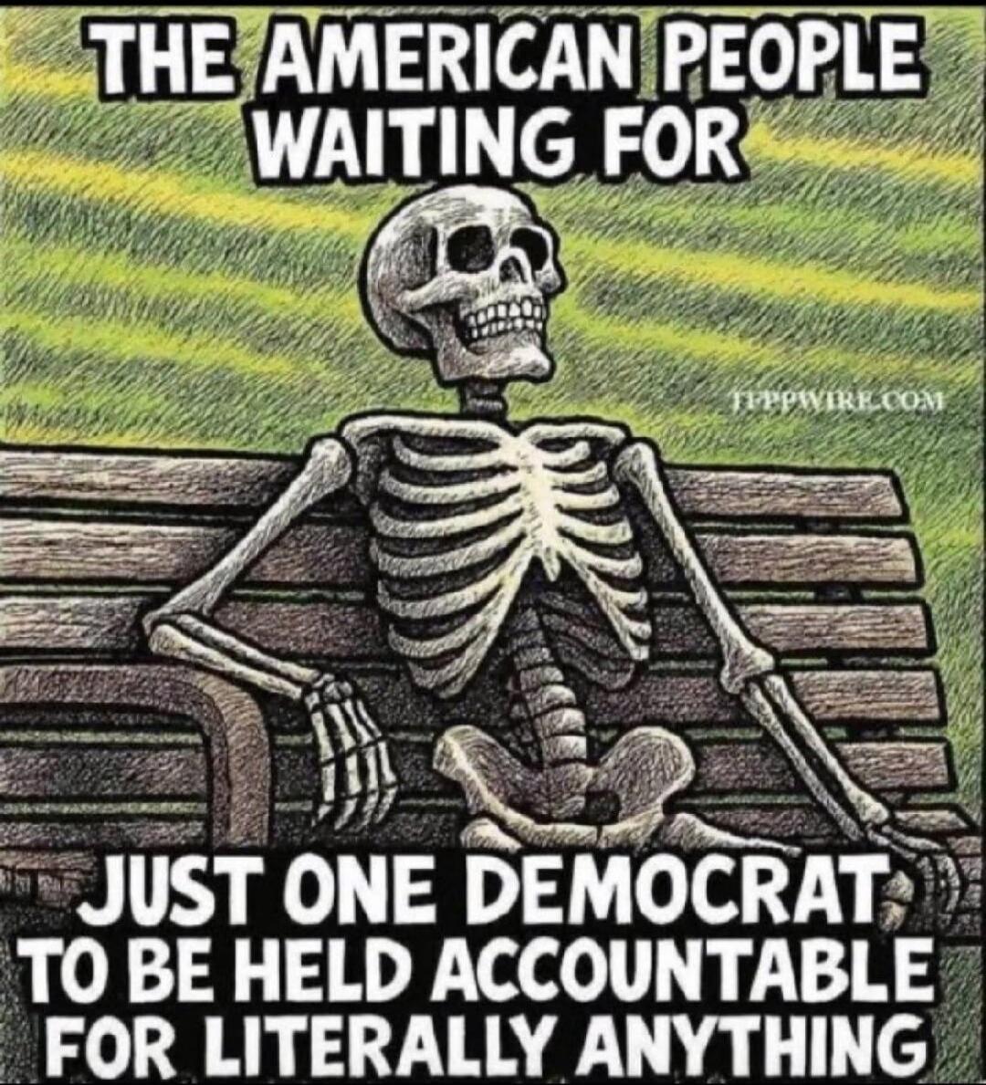 THE AMERICAN PEOPLE WAITING FOR JUST ONE DEMOCRAT TO BE HELD ACCOUNTABLE FOR LITERALLY ANYTHING