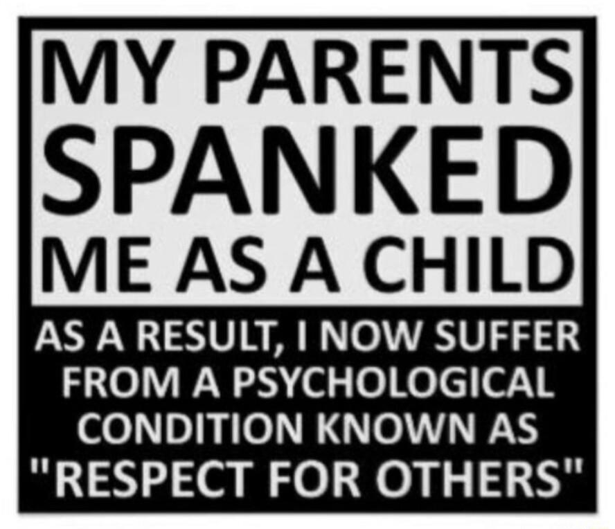 MY PARENTS SPANKED ME AS A CHILD AS A RESULT NOW SUFFER 0V Ny ol o Ko c o1 8 CONDITION KNOWN AS RESPECT FOR OTHERS