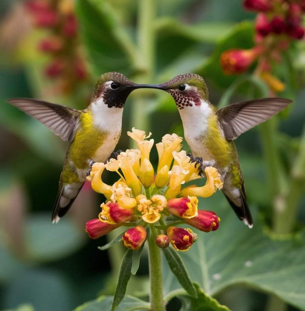 Two hummingbirds are feeding from a flower.
