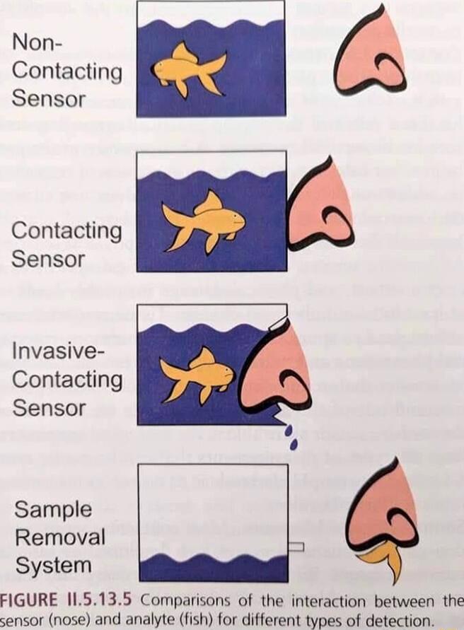 Non Contacting Sensor Contacting Sensor Invasive Contacting Sensor Sample Removal System FIGURE 115135 Comparisons of the interaction between the sensor nose and analyte fish for different types of detection