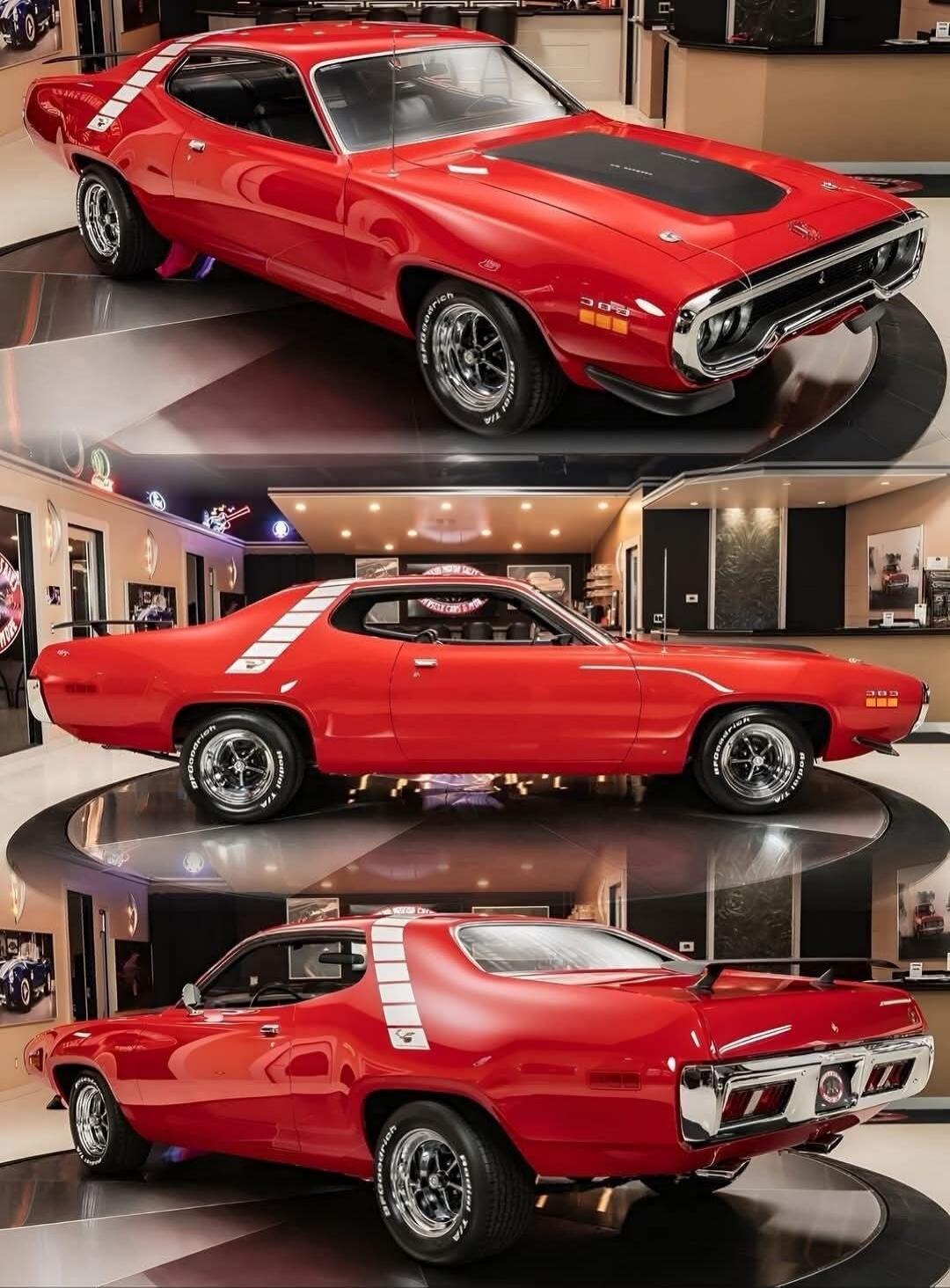 Red classic muscle car displayed in a showroom, shown from multiple angles with chrome wheels and black hood scoop.