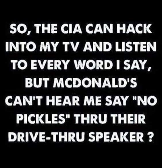 SO, THE CIA CAN HACK INTO MY TV AND LISTEN TO EVERY WORD I SAY, BUT MCDONALD'S CAN'T HEAR ME SAY 