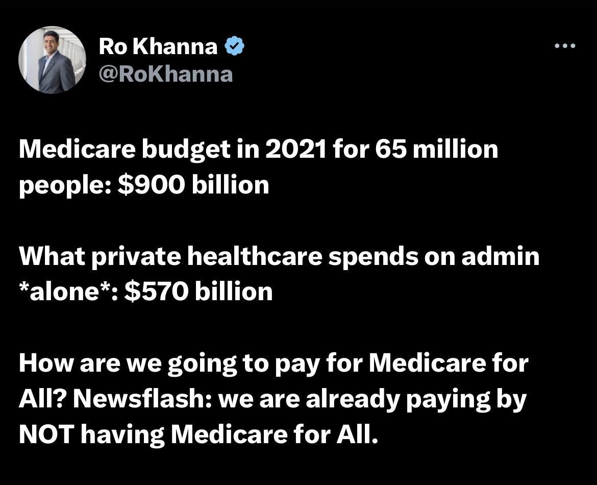 IEGERLER RoKhanna Medicare budget in 2021 for 65 million LTI EREETo o T VLBV TATET Y R G LT LN L E T T alone 570 billion VETEAVER LI RSN E R 1 U EL ITETE R 11 All Newsflash we are already paying by o BT TR VEL TR LT B